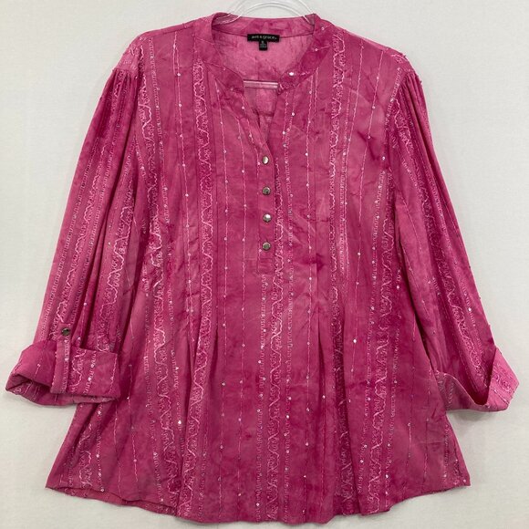 Ava & Grace size XL Pink Sequins Rolled Sleeve Split Neck Stretch Blouse Office - Picture 1 of 9